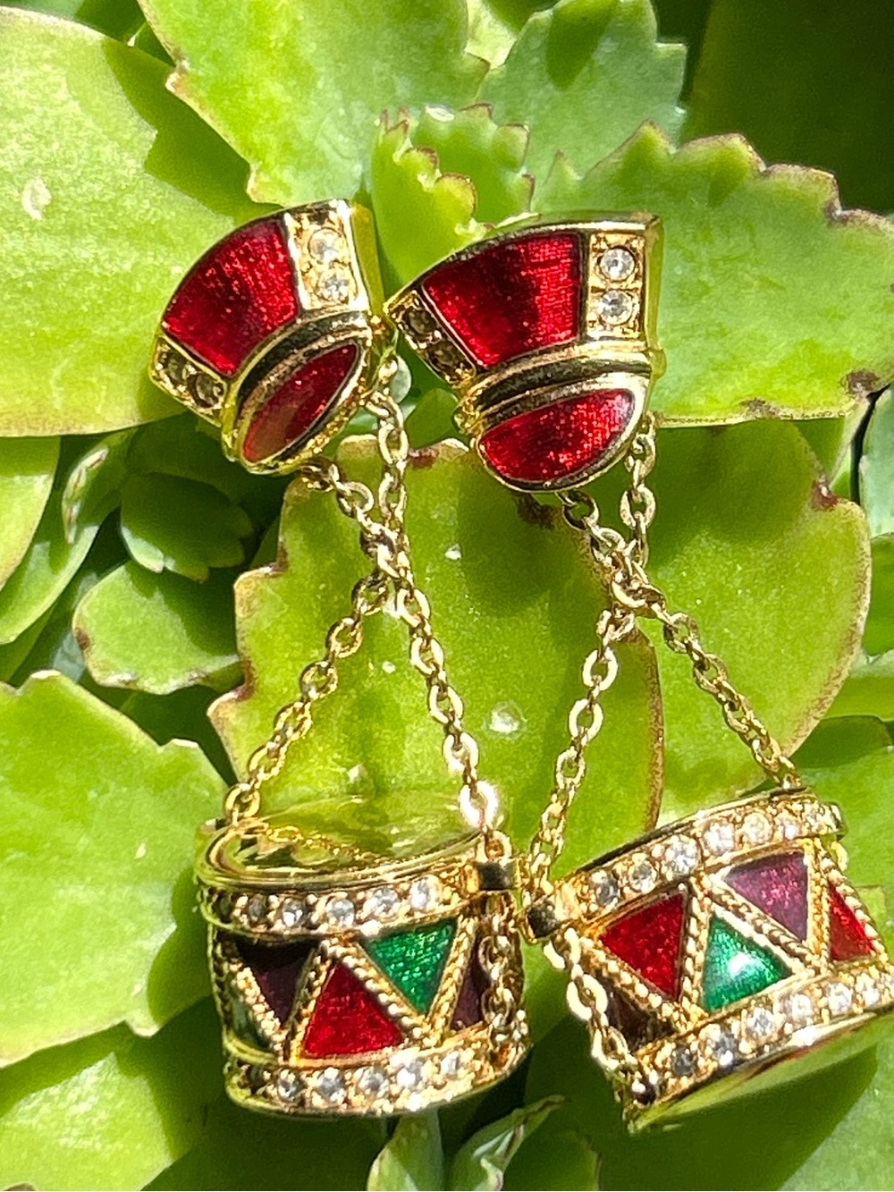 Vintage Swarovski crystals holiday novelty runway gold enameled drummer earrings